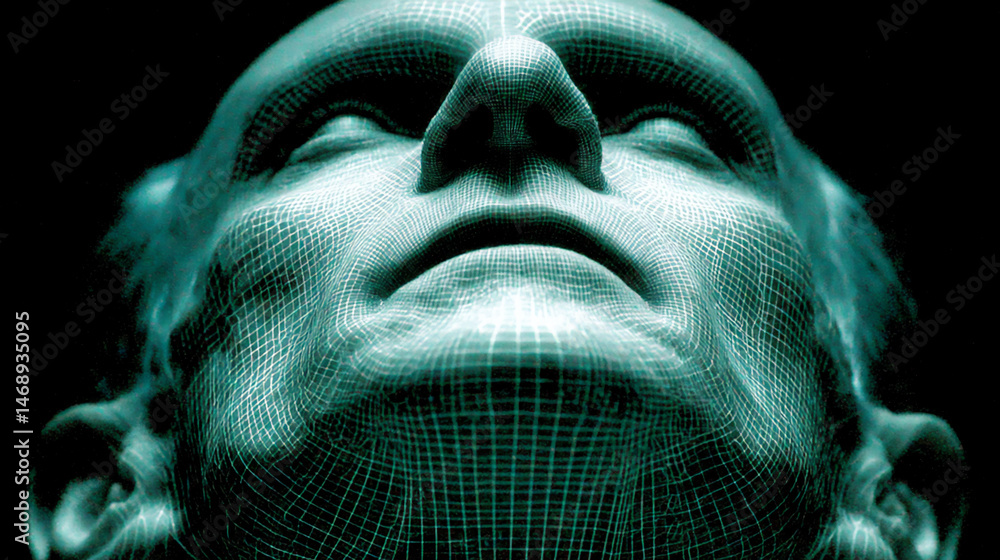 Poster a holographic facial recognition scan projecting a 3d grid over a person's face in a futuristic inte