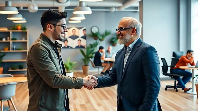 Two businessmen shaking hands in an office, close a business deal between partners, partnership and collaboration concept