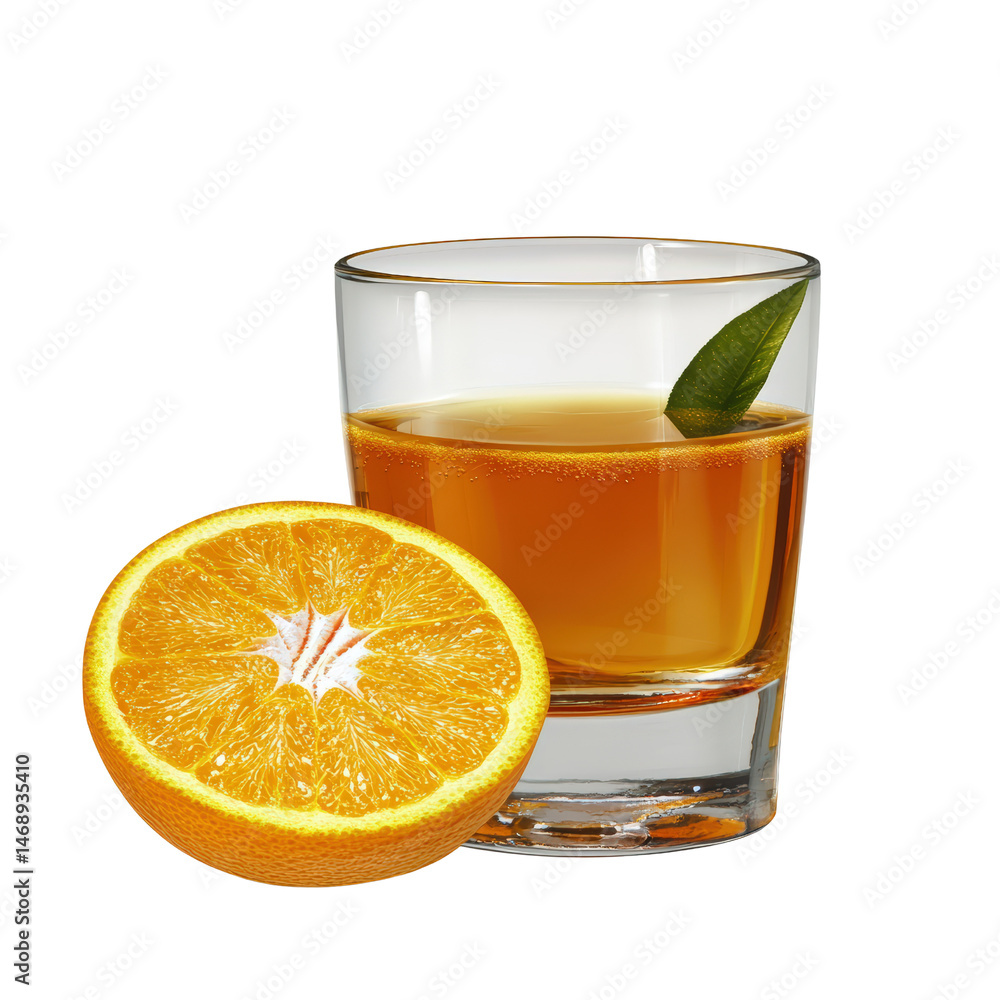 Poster freshly squeezed orange juice in a clear glass with vibrant color and drop of water on surface for r