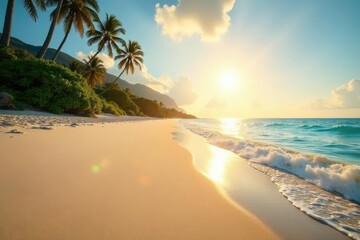 Golden sunlight bathes a pristine sandy shore, gentle waves lapping at the edge , seaside, summer, outdoors