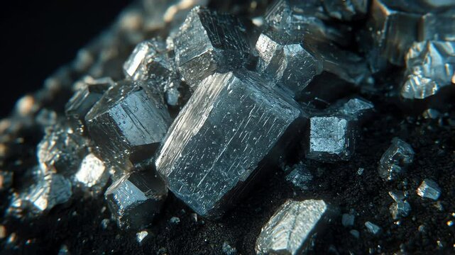 Pyrites glittering cubes nestled in darkness