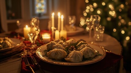 Festive Dinner with Dumplings and Candlelight for Christmas Celebration