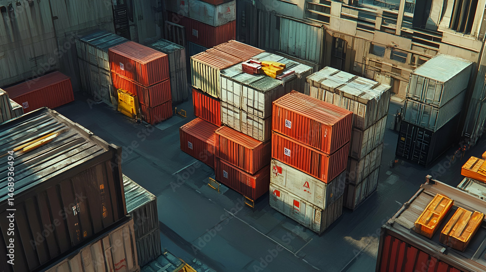 Poster aerial view of colorful shipping containers at a busy port