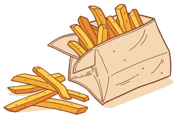 159 paperbag, french fries, fast food, crispy, golden-brown, hot, salty, crispy, delicious, food, still life, watercolor, illustration, digital art