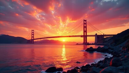 Fototapeta premium Iconic orange bridge spanning a bay, vibrant sunset sky , panorama, architecture, monument