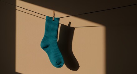 Blue Sock Hanging on Clothesline