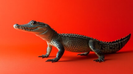 Fototapeta premium Young reptile against a vibrant red backdrop.