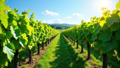 Naklejka premium Lush green vineyard landscape at a winery, sunny day , vineyard, background