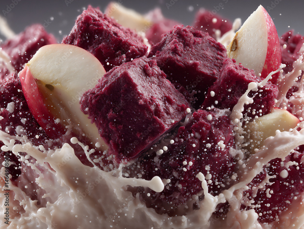 Poster a dynamic watercolor artwork featuring fragmented berry shapes and splashes of vibrant liquid formin