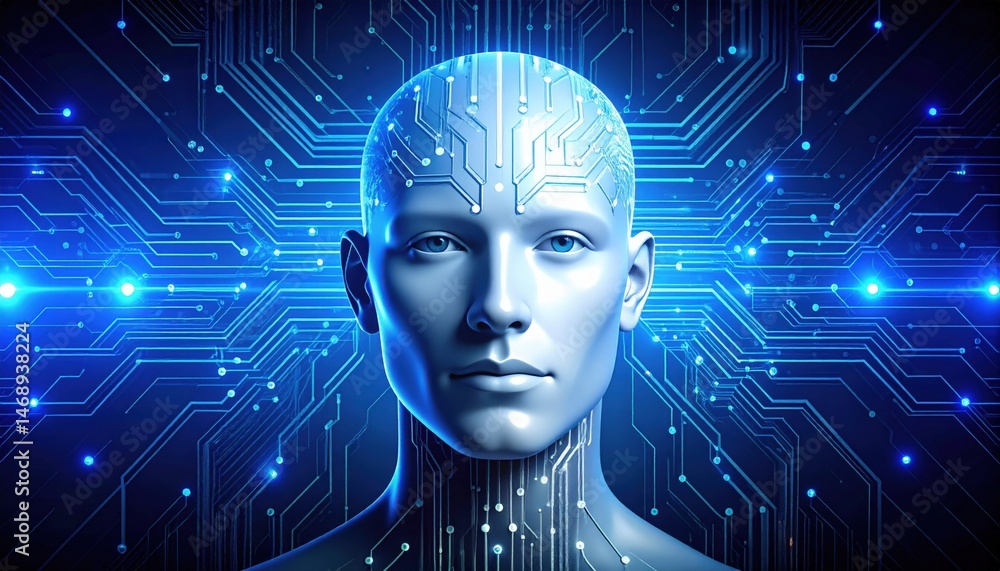 Poster exploring artificial intelligence innovations digital realm graphic representation futuristic enviro