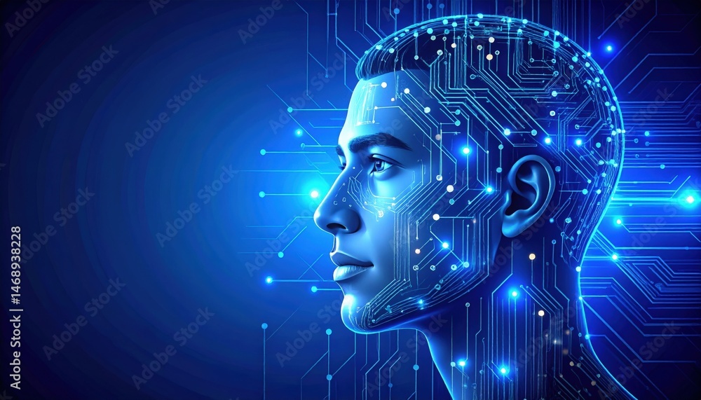 Poster exploring artificial intelligence concepts digital realm visual art futuristic environment side view