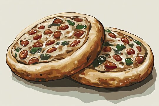 two pizzas with toppings, watercolor style clip art preview