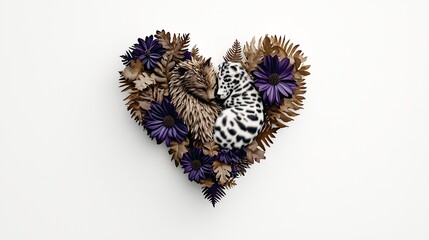 Heart-shaped floral arrangement, two animals nestled in its center.  Two sleeping animals, encircled by flowers and leaves, form a heart shape on a plain background