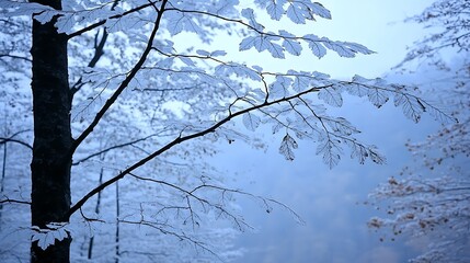 Obraz premium Winter's delicate beauty Snow covered leaves on branches against a serene sky