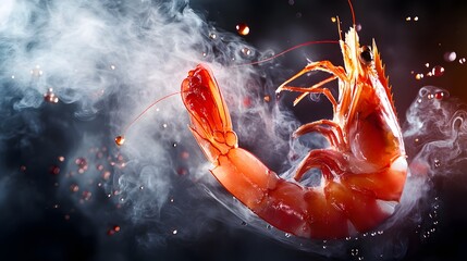 Close-up of shrimp with smoke and dramatic lighting.

