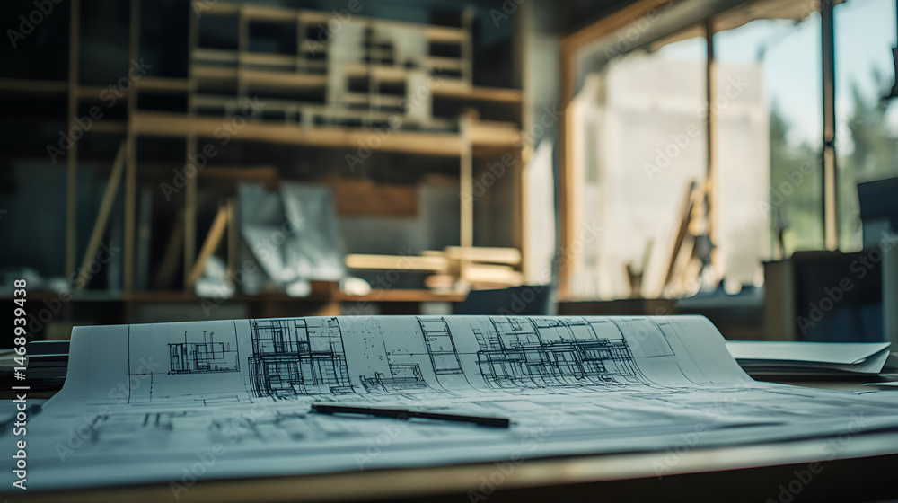 Poster architectural blueprints on a work table in a design studio