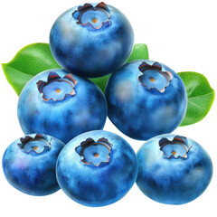 Obraz premium Fresh organic blueberries with green leaves showcasing their juicy texture and nutritional benefits for healthy living isolated on transparent background..