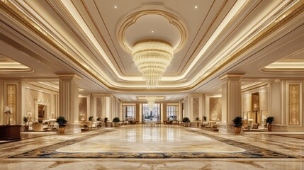 Fototapeta premium Grand hotel lobby, opulent interior design, spacious reception area, showcasing luxury, for use in travel brochures, advertising, or interior design portfolios