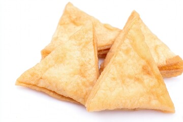 Crispy fried tofu triangles on white background
