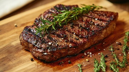 A tender steak on a wooden cutting board, garnished with fresh rosemary, thyme, and a hint of smoked salt and pepper.