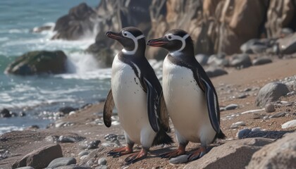 Obraz premium Humboldt penguin preening feathers on rocky shore , water, wildlife photography, rock
