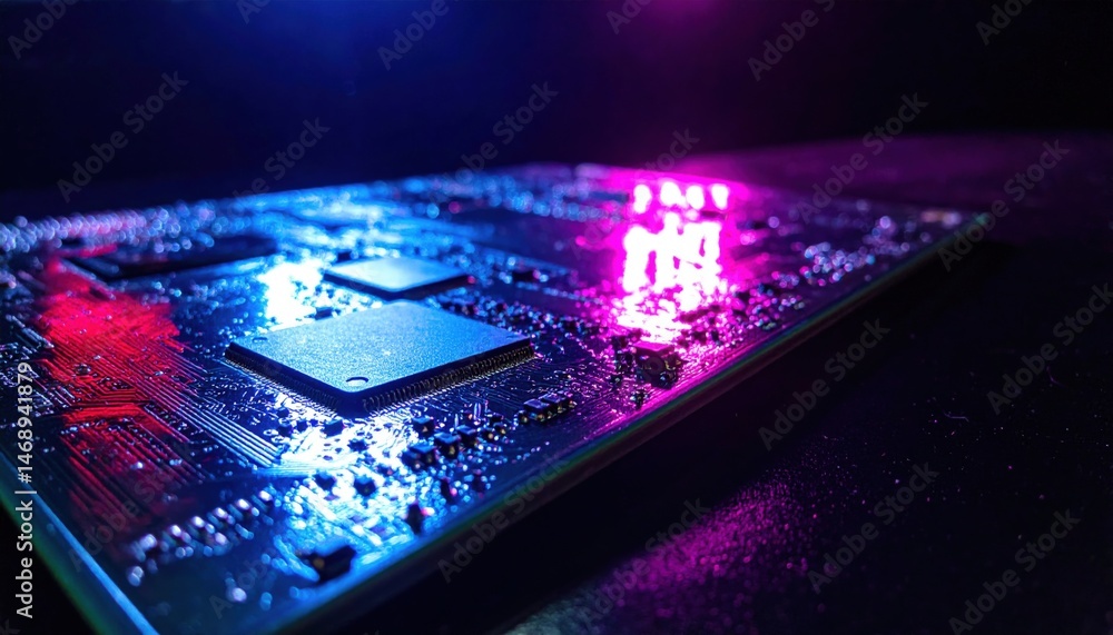 Poster dynamic circuit board close-up high-tech environment electronic components illuminated night scene t
