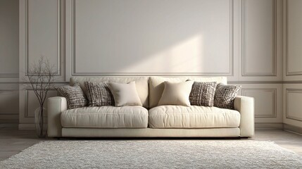 Fototapeta premium Soft Beige Sofa with Cushions on Light Carpet in Elegant Room