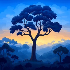 Majestic Silhouette of a Large Tree at Sunset in a Serene Forest Landscape