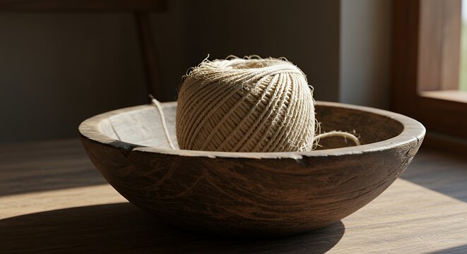 Jute twine in wooden bowl