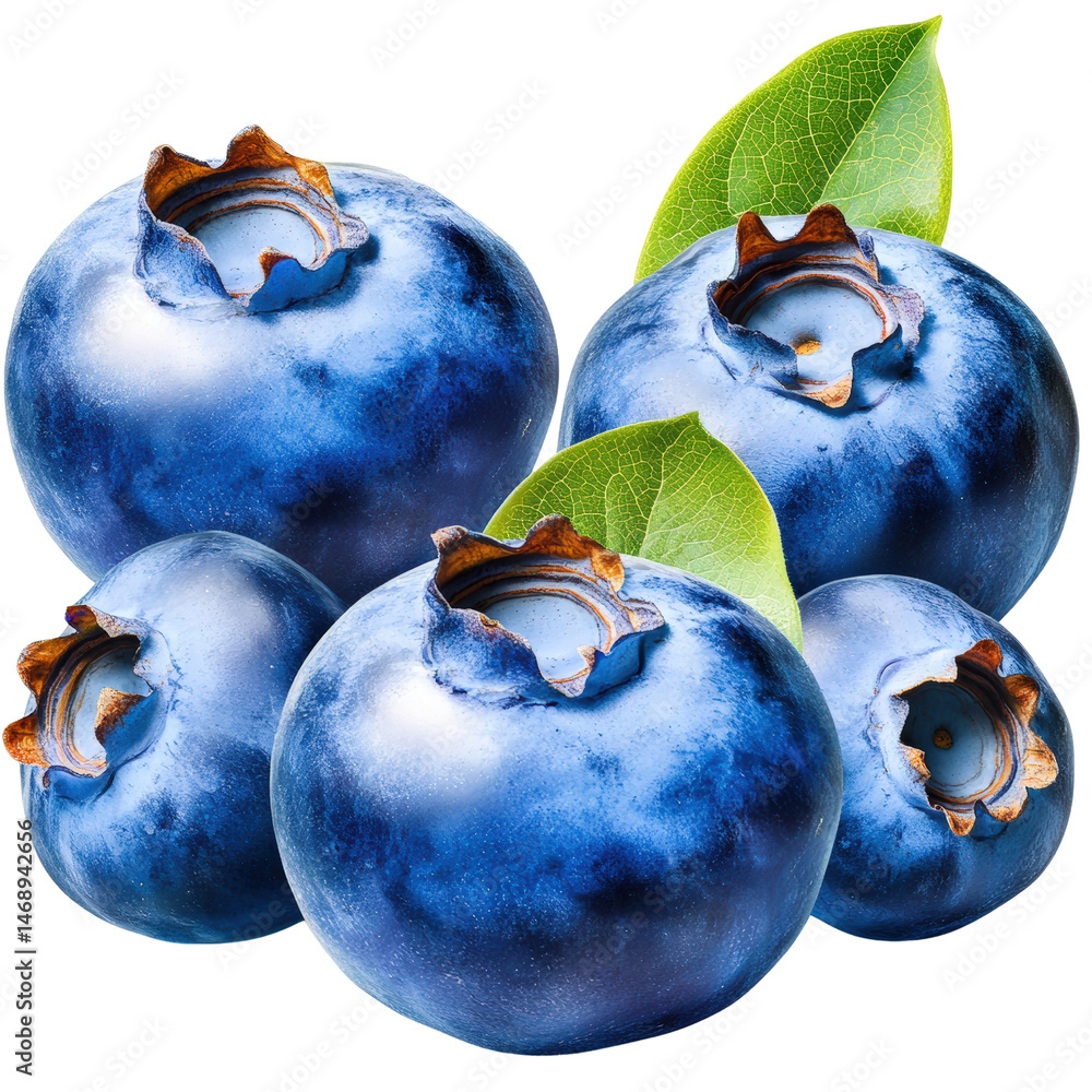 Poster fresh blueberries with green leaves displayed on a dark black background emphasizing their juicy tex