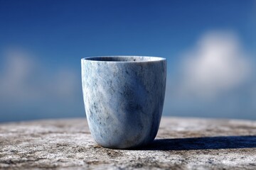 Small, light-blue, sculpted, stone, cup, against, a, bright, sky.