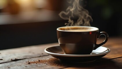 Obraz premium Steaming cup of dark, bitter coffee, close-up , bitter coffee, dark, brown