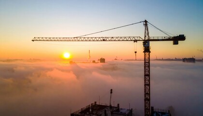 Construction crane at sunrise over foggy cityscape aerial view industrial environment urban development