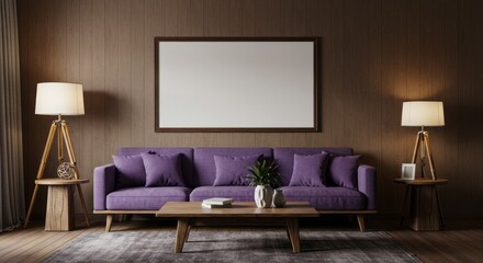Cozy living room with a purple couch, lamps, wooden table, and a minimalist aesthetic.