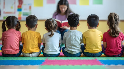 Children Sitting Back to Back Listening to Teacher Reading