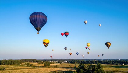 Fototapeta premium Hot air balloon festival open sky aerial photography scenic landscape vibrant colors adventure experience