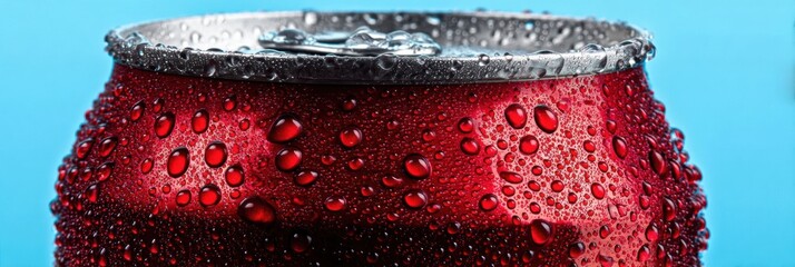 Cold Soda Can With Condensation and Water Droplets on Red Label Against a Blue Background in a Refreshing Summer Setting Generative AI