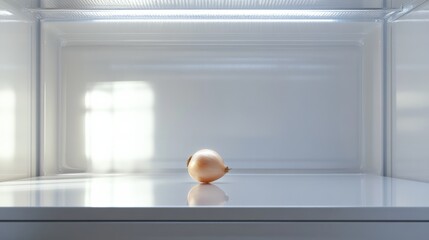 An empty fridge with a single onion