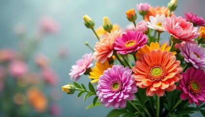 Vibrant bouquet of assorted flowers in full bloom , stems, blooming flowers, roses