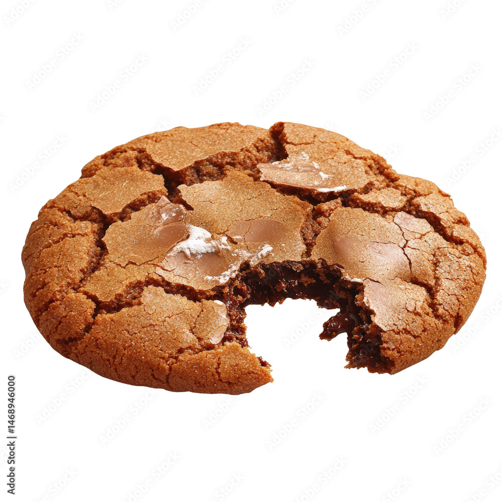 Poster irresistible chocolate cookie with a bite taken out revealing soft and chewy texture perfect for sna