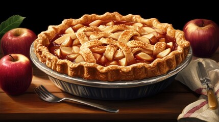 Apple Pie Perfection Warm with Rustic Dessert on Wooden Table, and CloseUp.