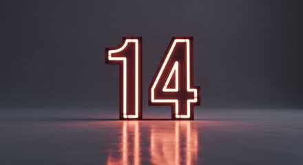 Glowing Number Fourteen: Illuminated Digits on Reflective Surface