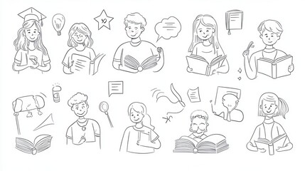 Linear vector illustration set of isolated students in learning process. Distance web learning, e-learning tools, school college activity, read a book, happy students with diploma, inclusive educatio