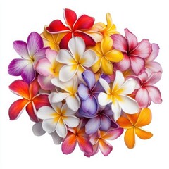 Plumeria flower arrangement closeup on a white background