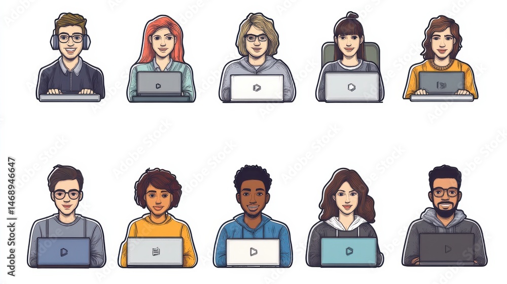 Aufkleber linear vector illustration set of isolated people with computers at workplace virtual video conferen