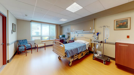 Bright Hospital Room with Comfortable Bed and Medical Equipment