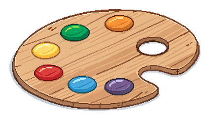 Detailed Pixel Style Wooden Paint Palette with Six Color Dabs Isolated on Transparent Background for Retro Art Clipart Game Icons Drawing Tool Illustration or Creative Design Asset