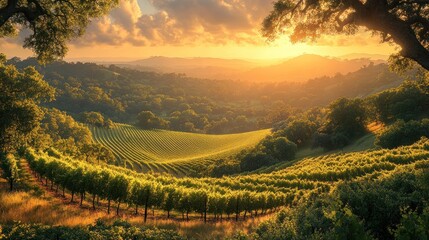 Golden Hour Vineyard Landscape: A Serene Sunset Over Rolling Hills and Lush Grapevines