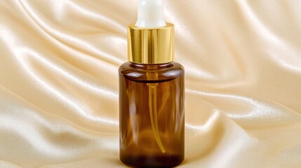 Naklejka premium Amber glass dropper bottle on a luxurious fabric surface.