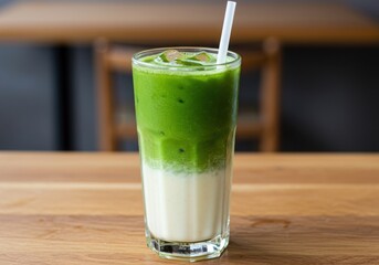 Refreshing Iced Matcha Latte with Milk and Ice Cubes